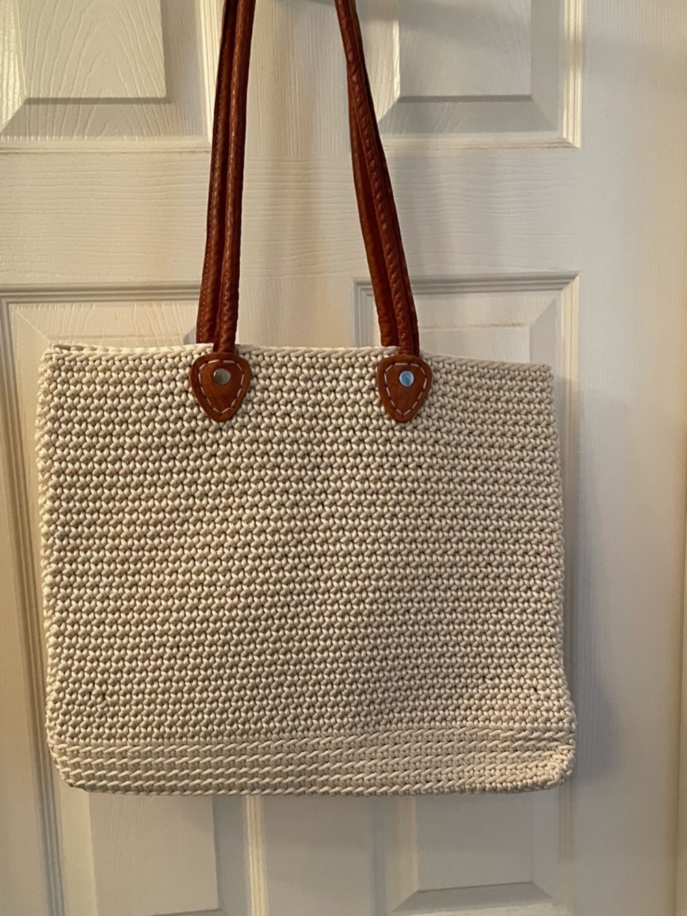 Cream Woven Tote Bag with Brown leather Handles